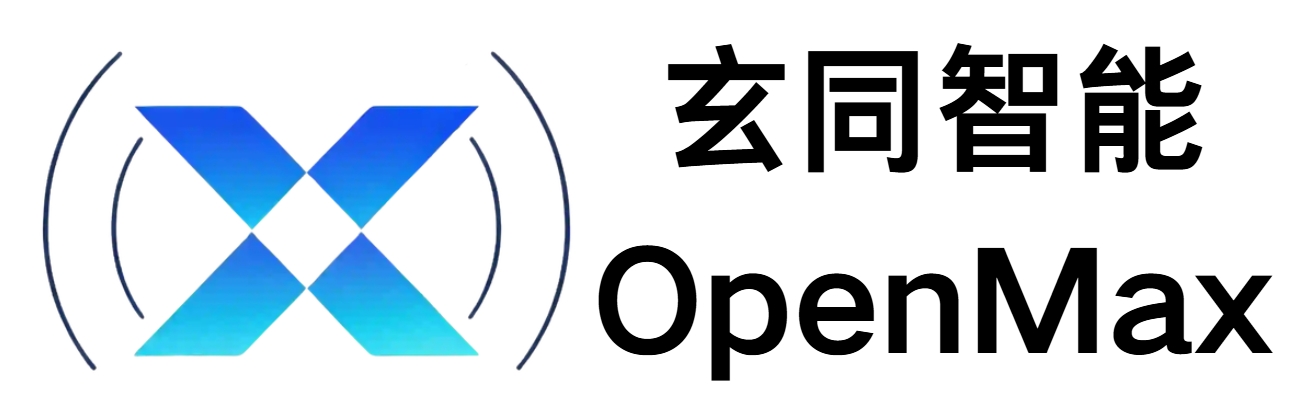 OpenMax品牌标识，现代化设计，蓝色和紫色渐变背景，充满科技感的图形元素