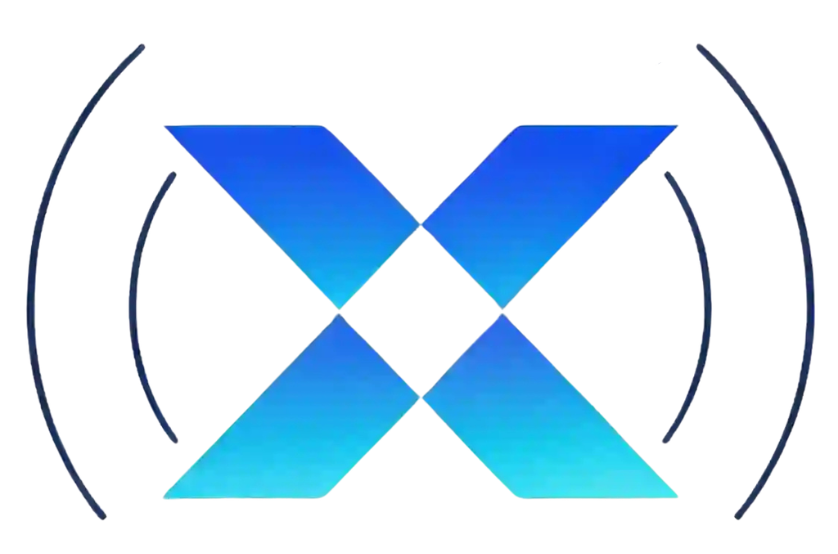 OpenMax公司logo，现代化设计，蓝色和紫色渐变色彩，科技感十足